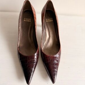 Stuart Weitzman Burgundy Croc-Embossed Leather Pointed Toe Pumps